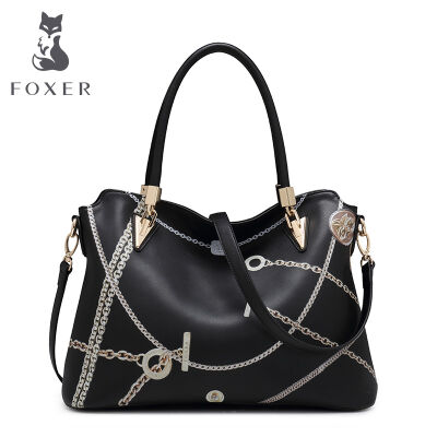 金狐狸（FOXER）新款女士大包单肩包欧美时尚锁链印花牛皮手提斜挎女包958088F&nbsp;黑色