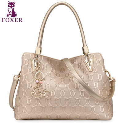 金狐狸（FOXER）金狐狸女包&nbsp;单肩包新款斜跨手提包牛皮拉链欧美时尚大容量真皮女士包包&nbsp;金色